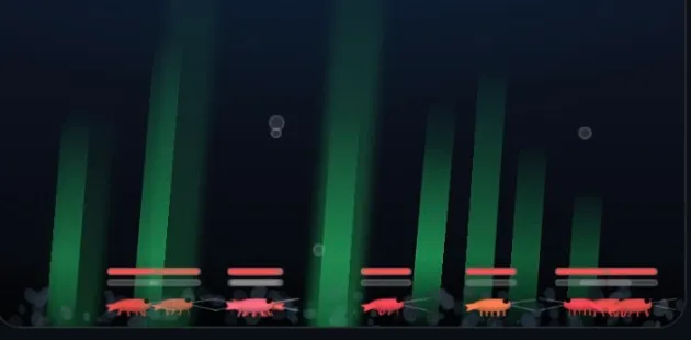 Early prototype of the game: red cherry shrimp with health bars at the bottom of a dark tank under green light